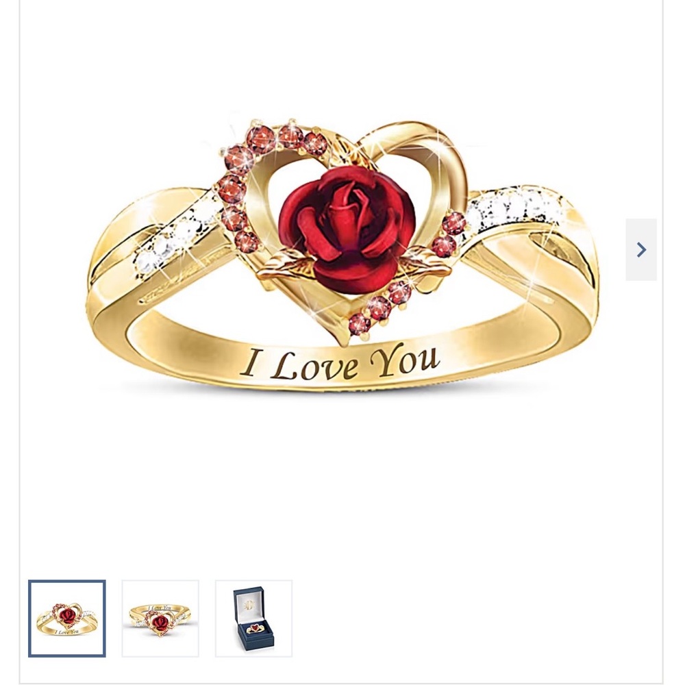 Bradford Exchange, lovely Ruby white Topaz Rose “
forever yours” ring, size 6